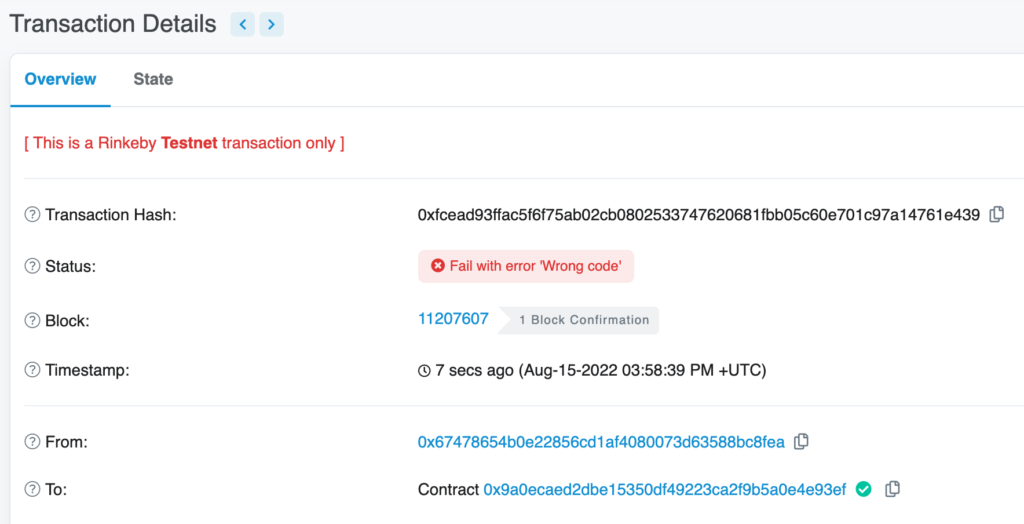 Error displayed on etherscan :"Fail with error 'Wrong code'"